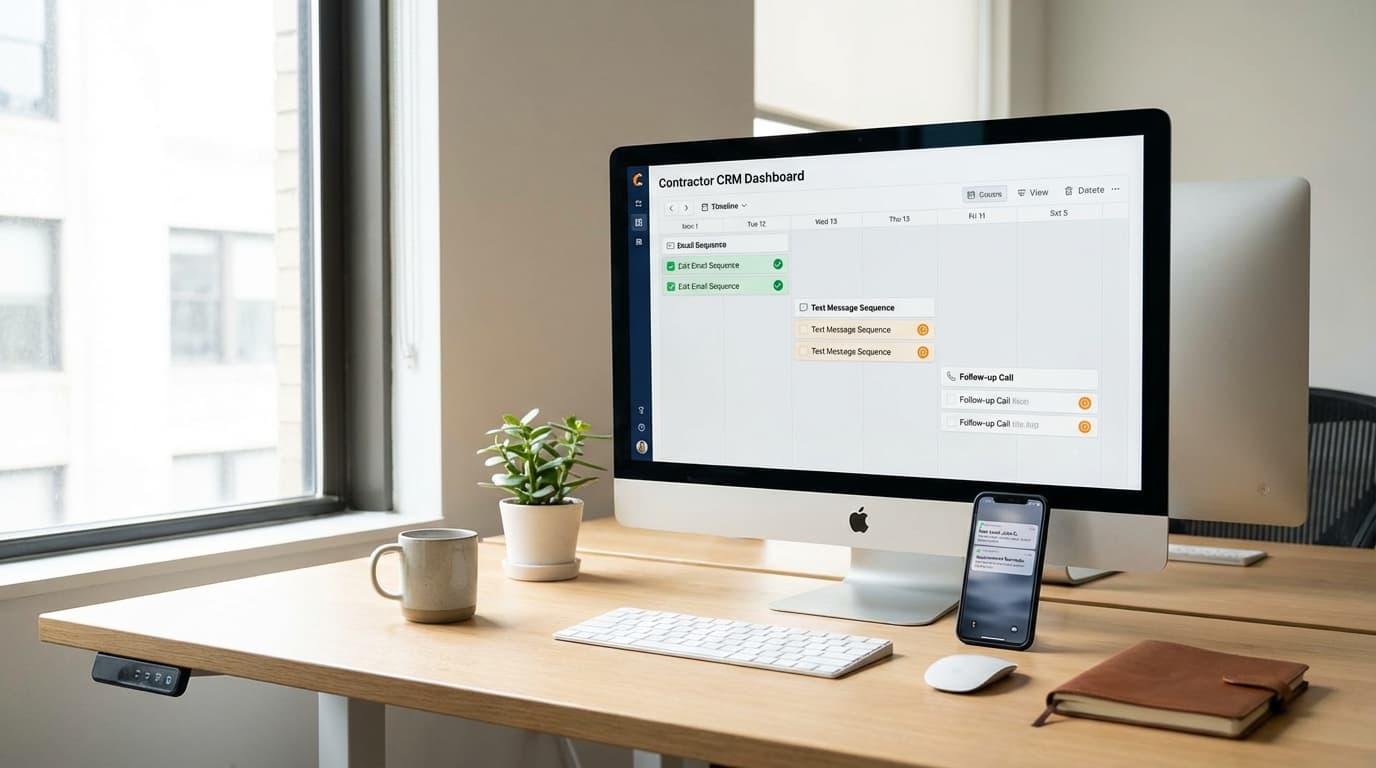 Contractor CRM dashboard showing automated follow-up sequences with email and text message workflows