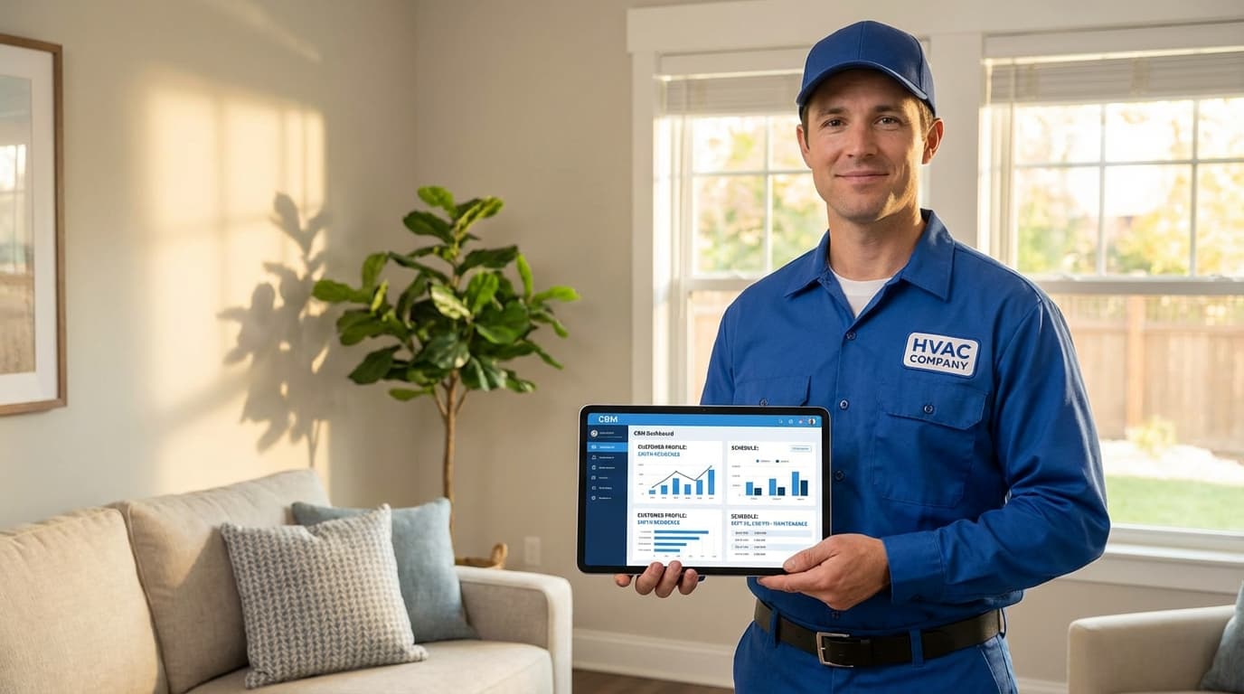 HVAC technician using mobile CRM software on tablet at customer location