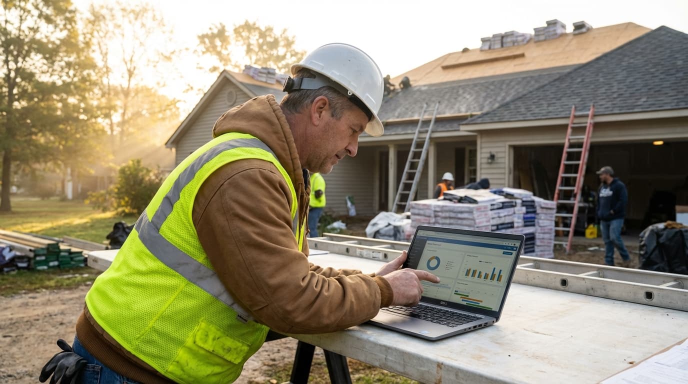 Roofing contractor reviewing project management software on laptop at roofing job site