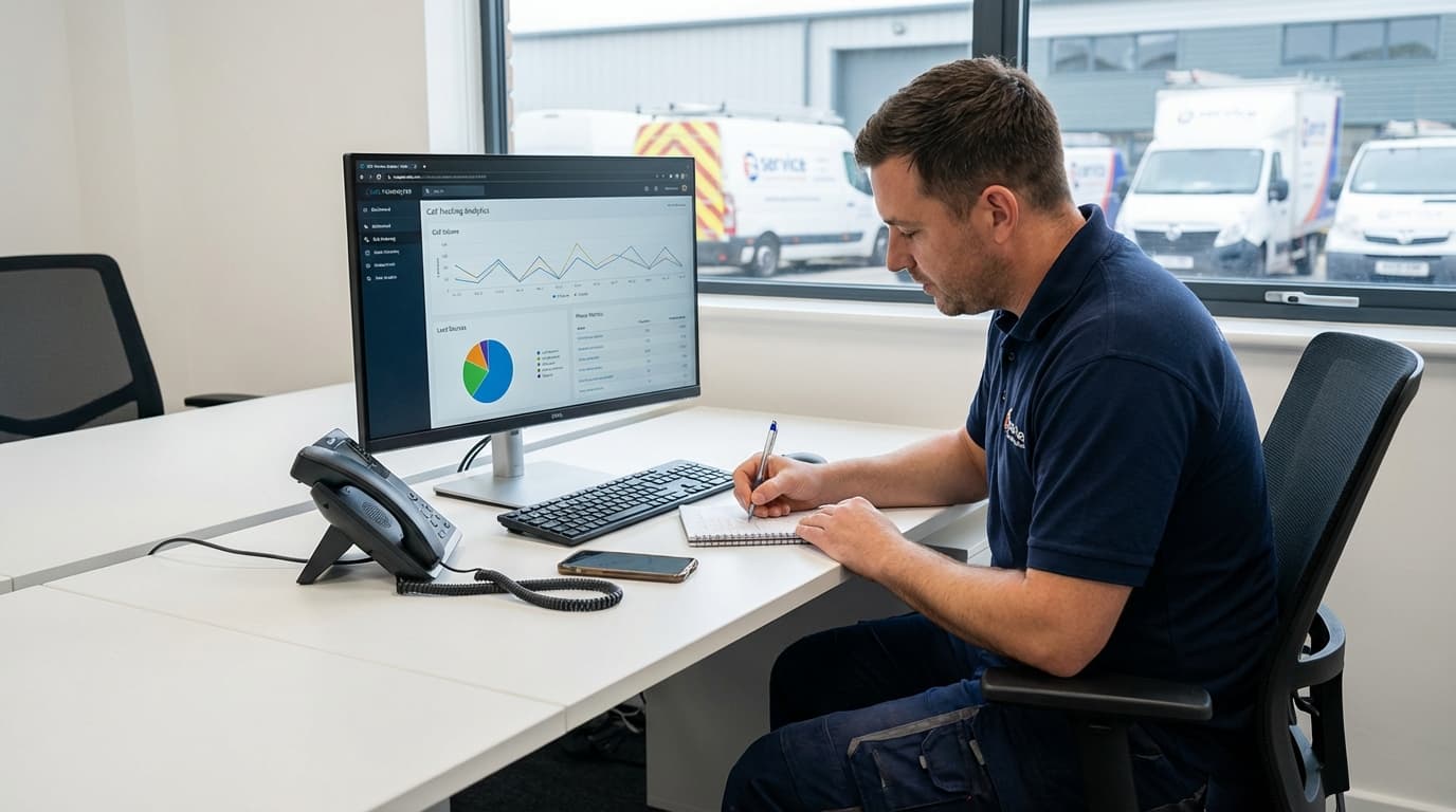 Contractor reviewing call tracking analytics dashboard showing lead sources and call recordings