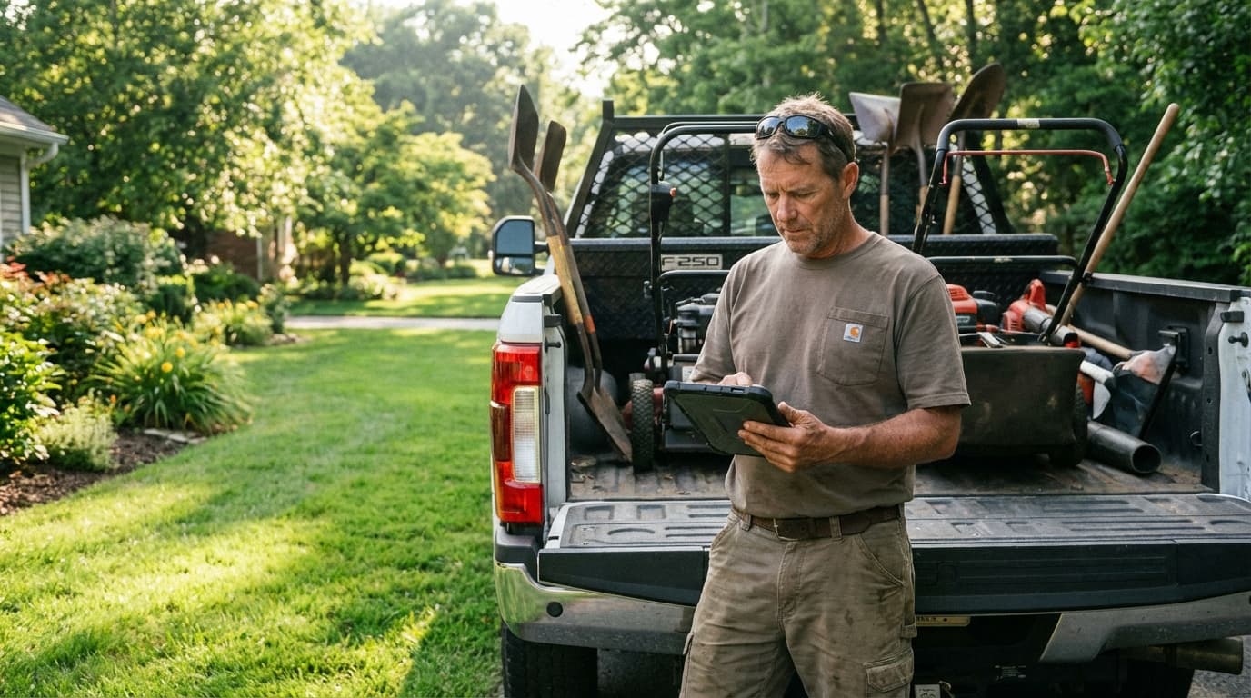 Landscaping company owner reviewing crew schedules and routes on tablet at job site