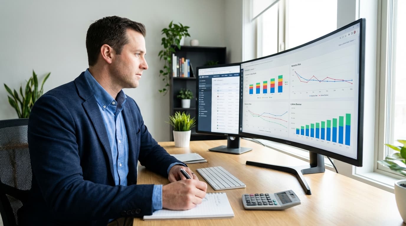 Home service business owner analyzing customer value metrics on computer dashboard with repeat customer data