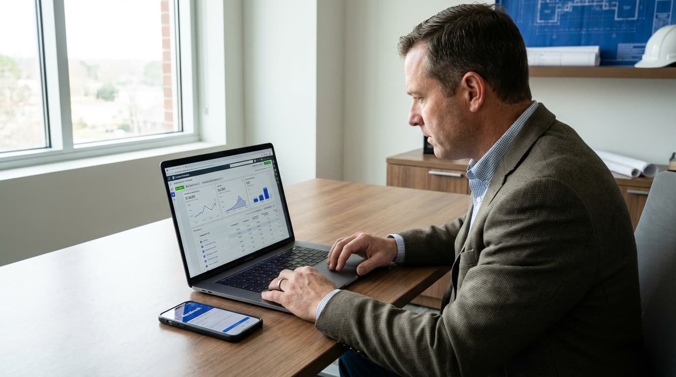 Contractor reviewing Facebook ads manager dashboard showing campaign performance and lead metrics