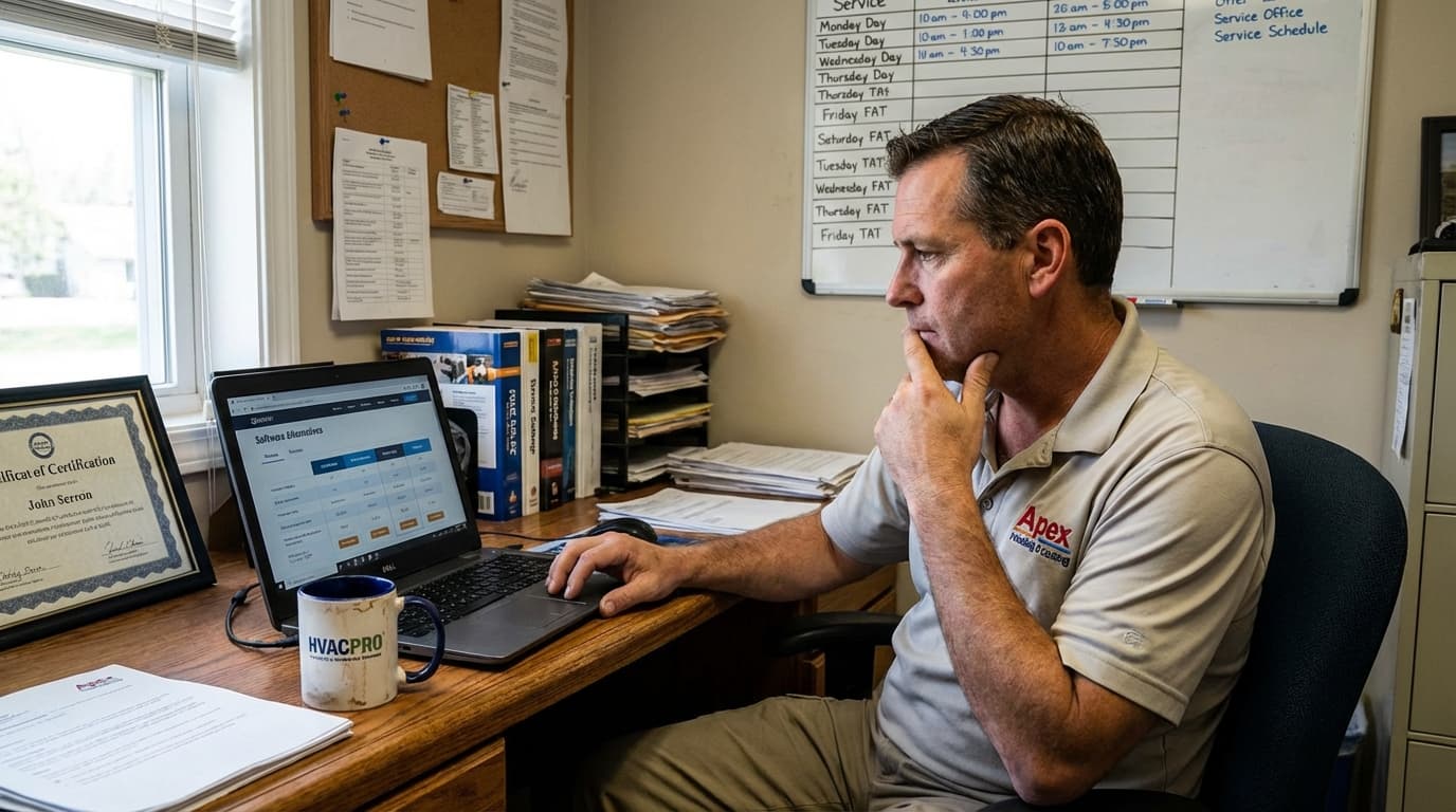 Small HVAC contractor comparing FieldEdge alternatives on computer screen