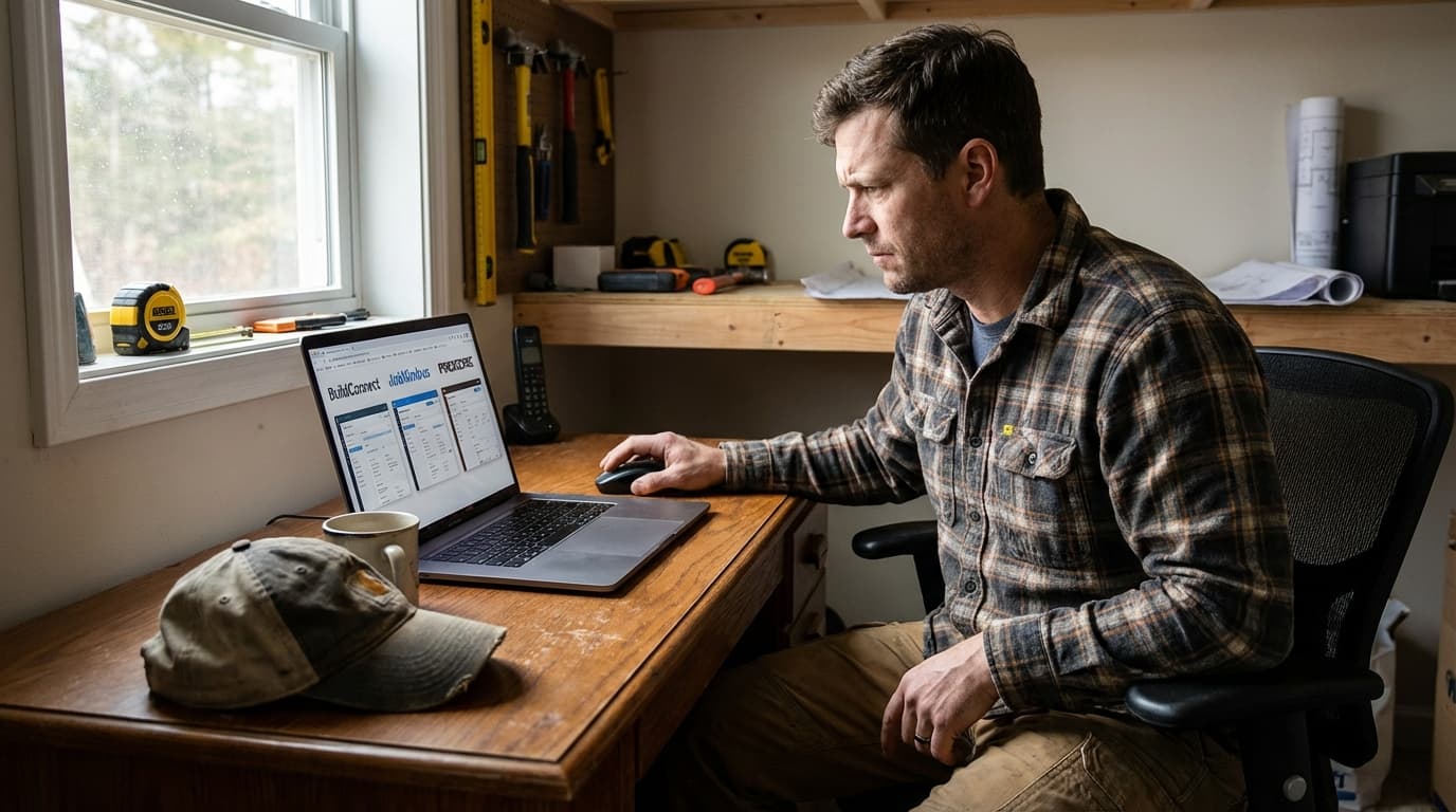 Small contractor using free CRM software on tablet at job site