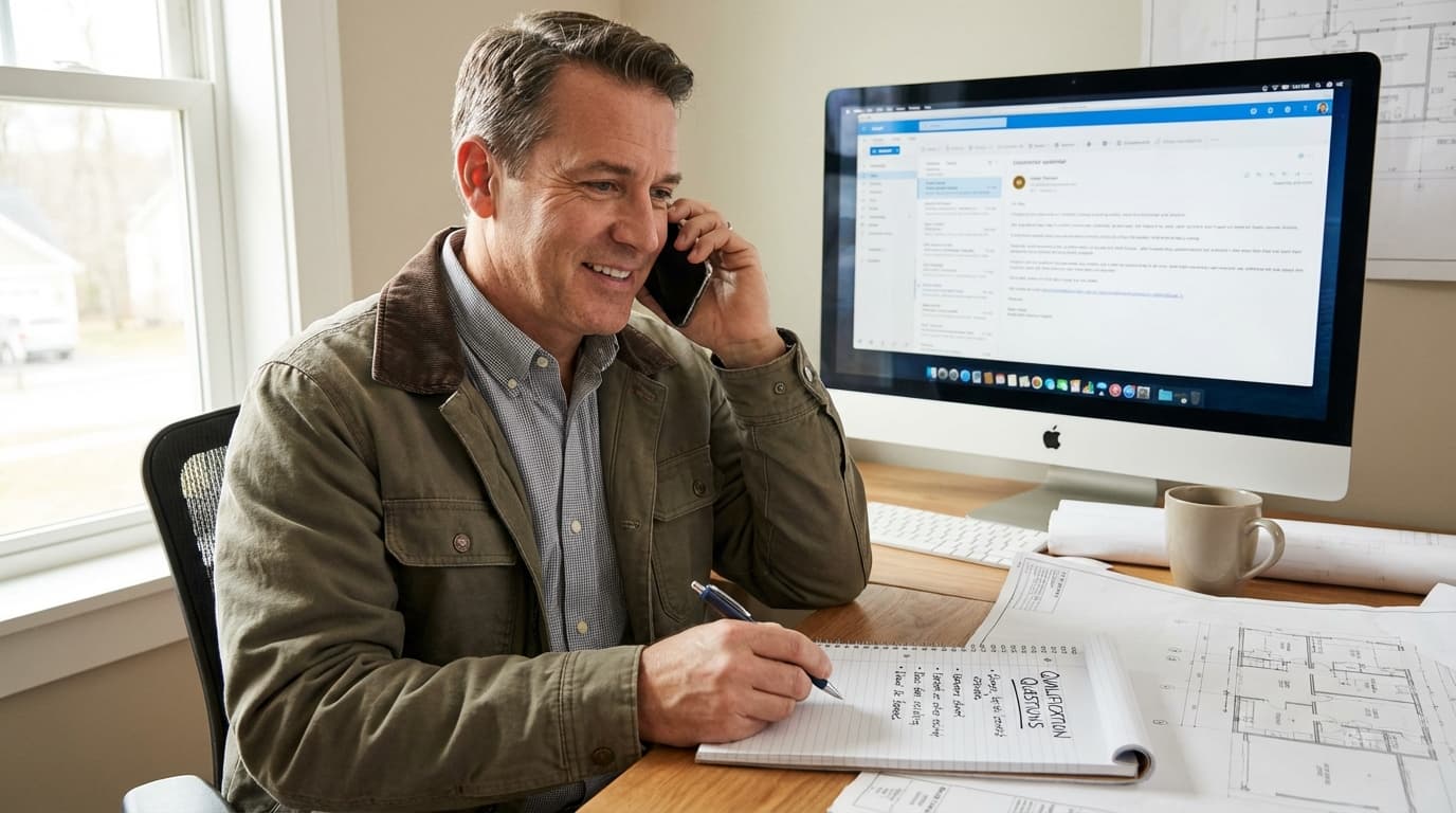 Contractor qualifying a lead on phone with checklist