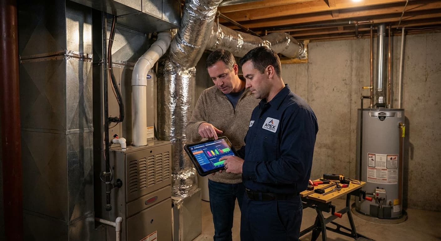 HVAC technician using AI sales tools on tablet at customer site
