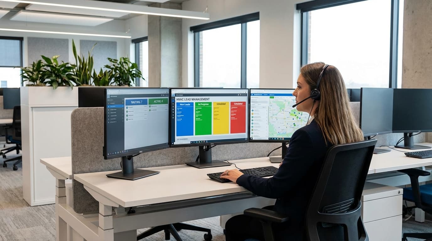 HVAC dispatcher managing lead queue on multi-monitor setup with call dashboard