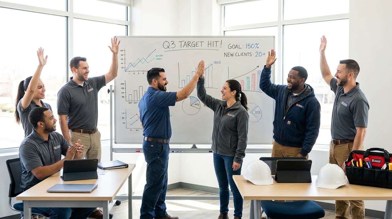 Home service contractor celebrating closed deal with happy homeowner shaking hands