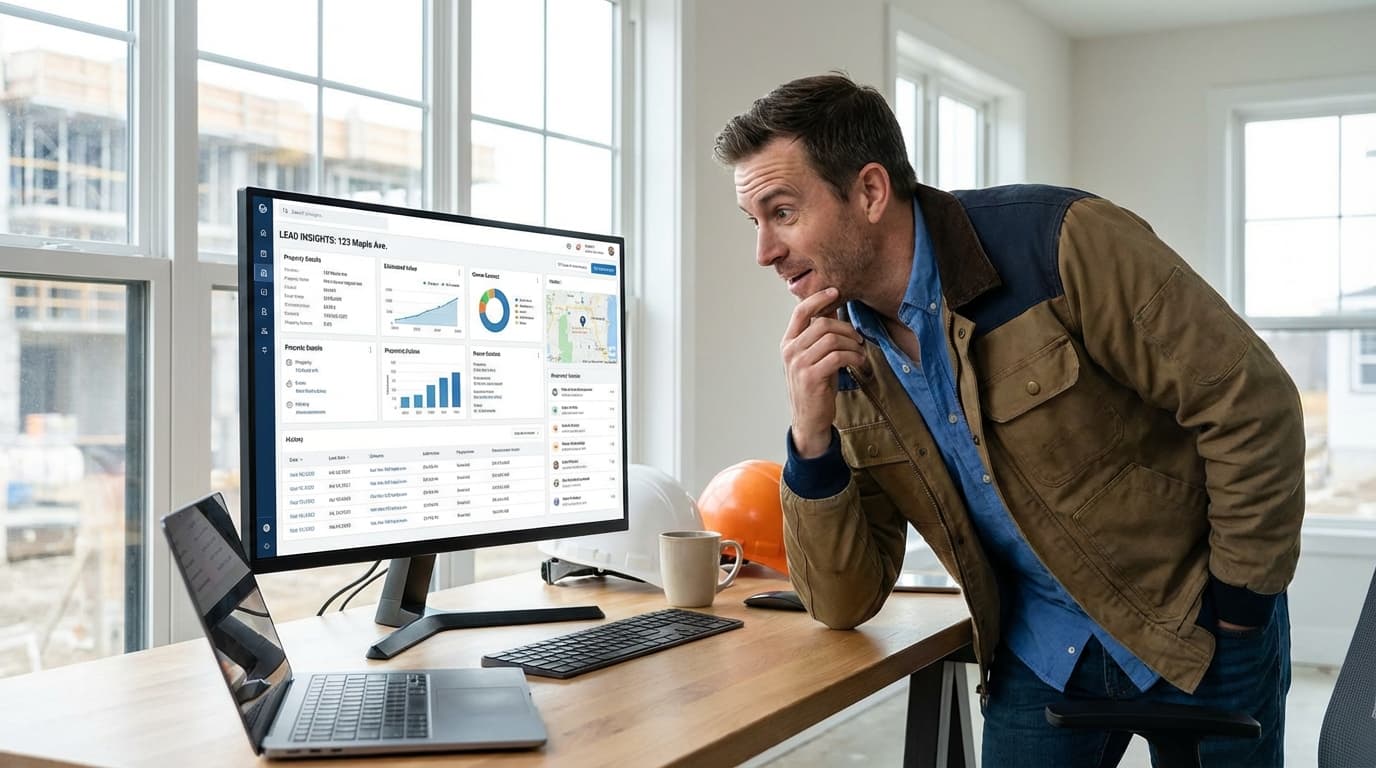 Contractor viewing enriched lead data on tablet showing property value and homeowner details