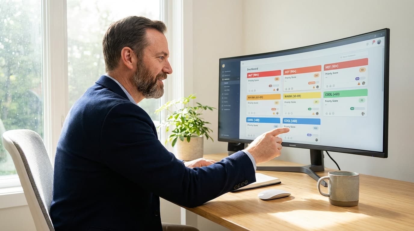 Home service business owner reviewing lead priority dashboard on computer screen