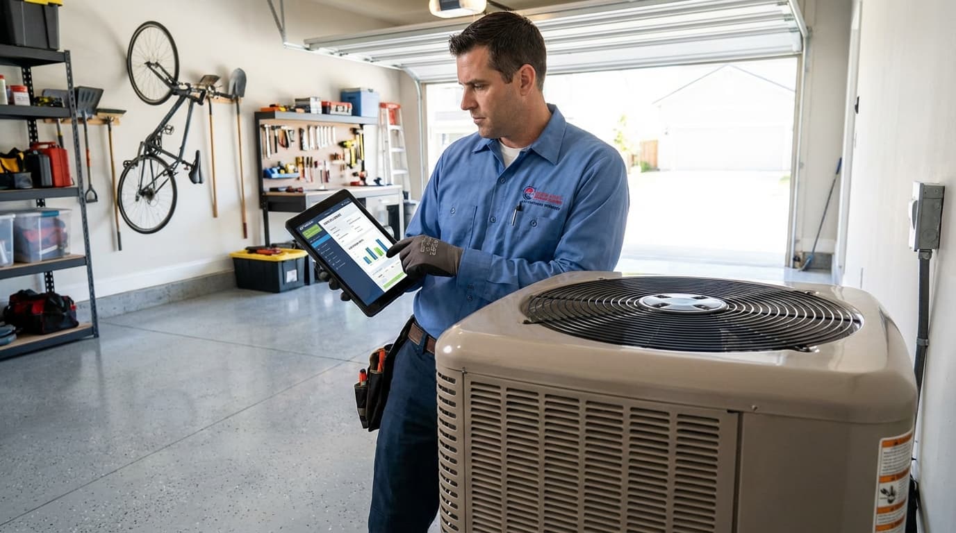 HVAC technician using tablet with CRM app while standing next to customer's HVAC unit in residential garage