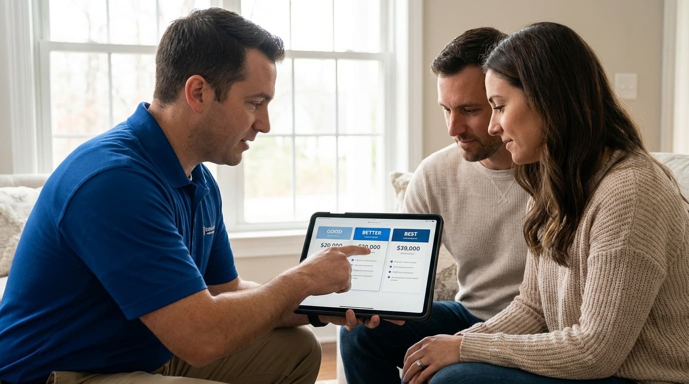Contractor presenting pricing options to homeowner using tablet with good-better-best pricing display