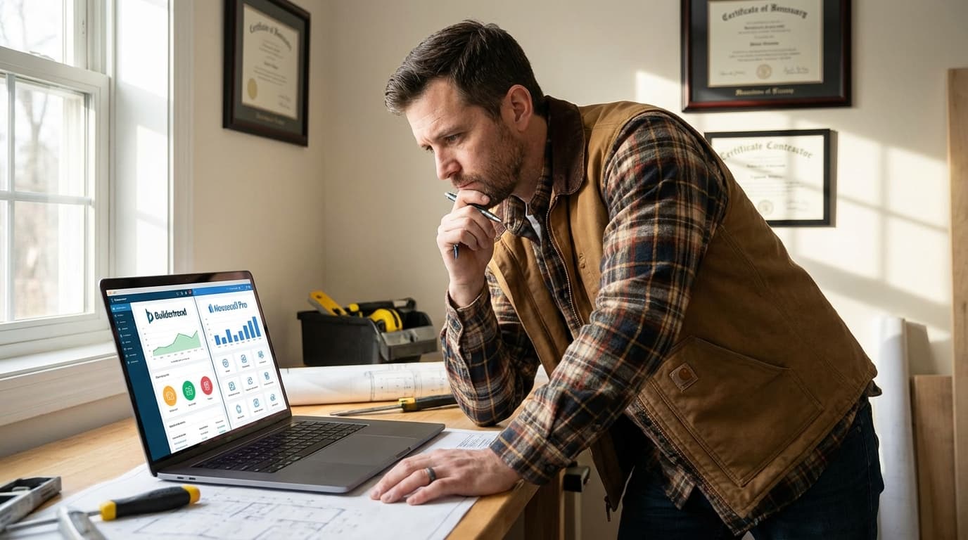 Small contractor comparing software options on laptop with pricing comparison on screen