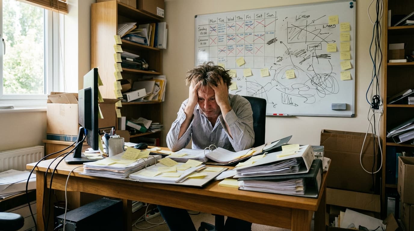 Overwhelmed home service business owner surrounded by sticky notes and paper files on messy desk