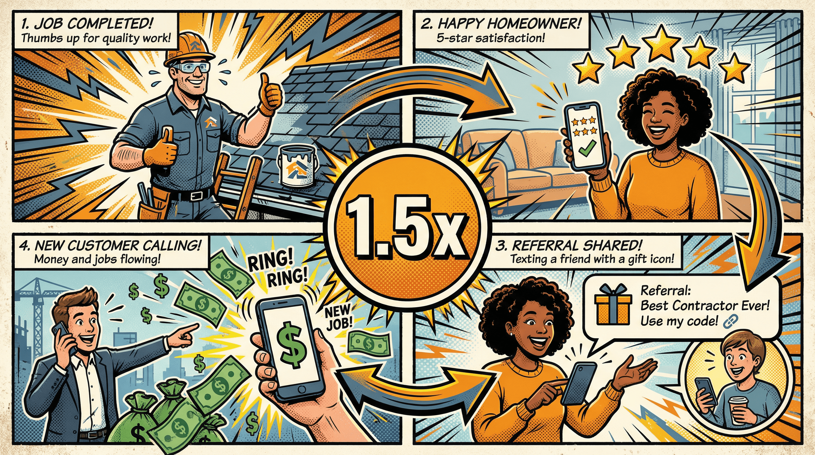 TruLine referral flywheel - job completed, happy customer, referral shared, new customer calling